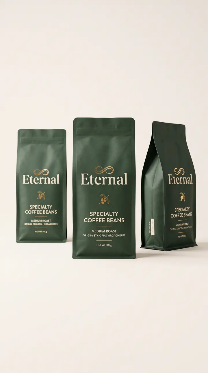 Foto de producto hecha con IA: tres bolsas de café de especialidad Eternal