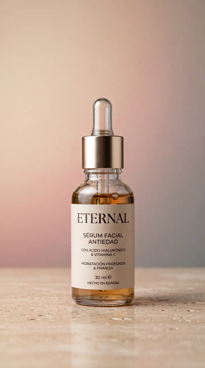 Foto de producto hecha con IA: sérum facial Eternal sobre mármol