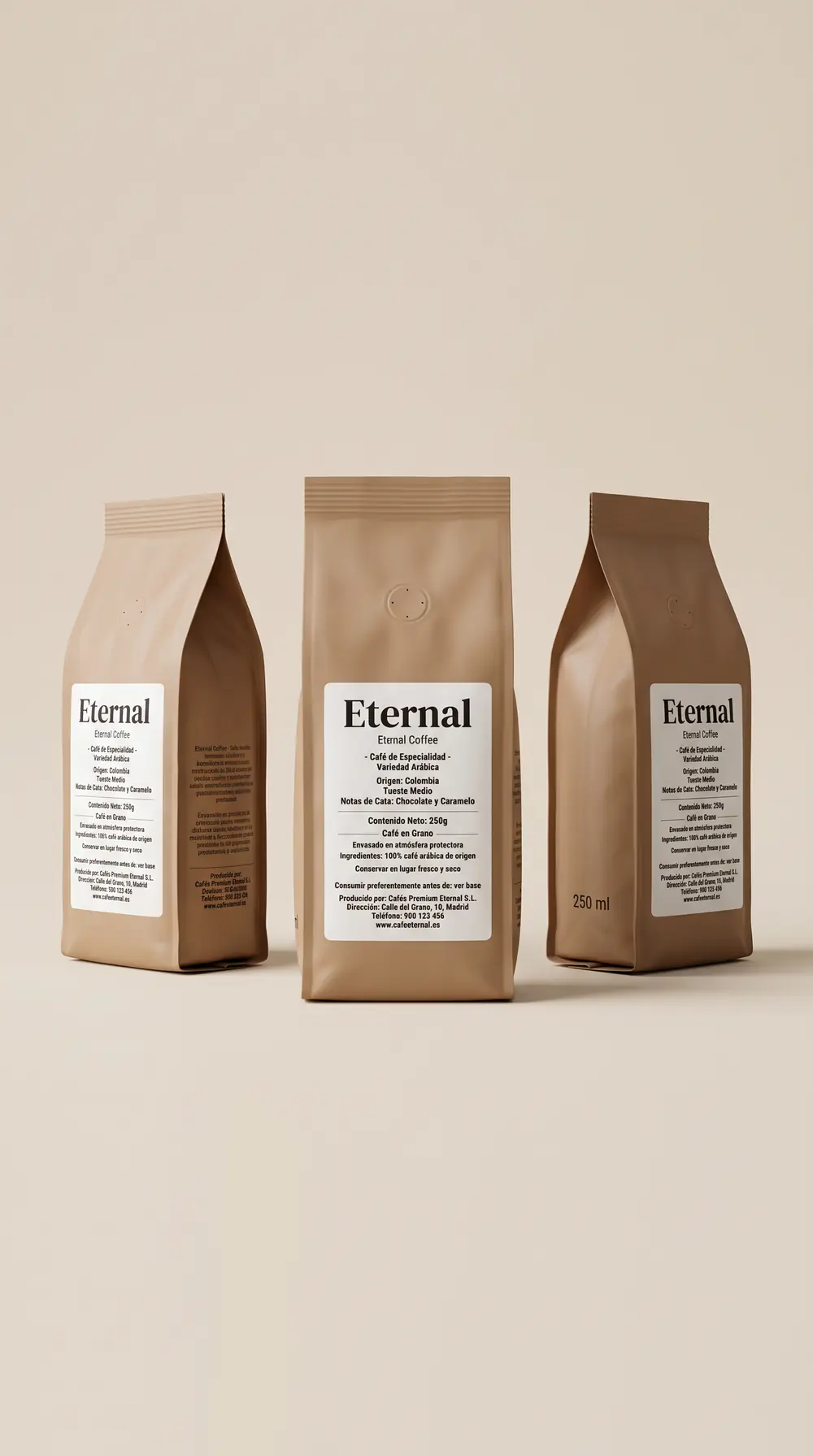 Tres bolsas de café Eternal de papel kraft