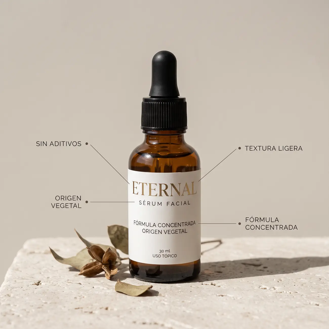 Frasco de sérum Eternal sobre piedra, con sus notas: sin aditivos, textura ligera, origen vegetal